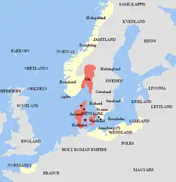Дания (красный) и её соседи при Харальде I Синезубом (к 986 году)