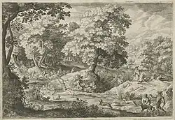 Охота на оленей на болоте. 1600-е. Офорт