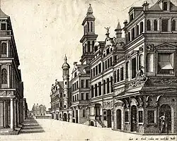 Г. Вредеман де Врис. Иероним Кок с женой у дверей своей мастерской «Aux quatre vents» в Антверпене. 1560. Офорт