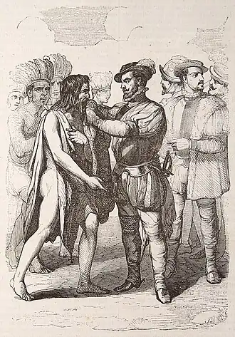 Херонимо де Агилар представлен Кортесу после 8 лет пребывания среди коренных жителей. Иллюстрация из книги «História de la Conquista de Méjico» (1851)