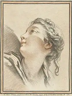 Голова женщины в повороте. По рисунку Ф. Буше. Между 1732 и 1776. Офорт, карандашная манера. Рейксмюсеум, Амстердам