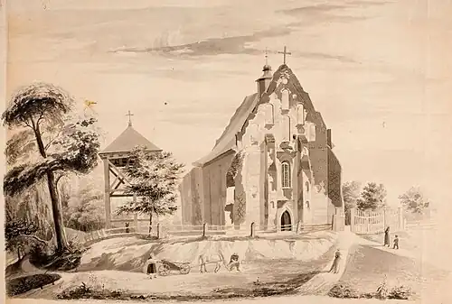 Троицкий костёл в Ишколди на рисунке Эдуарда Павловича, 1848. Под штукатуркой виден цветной ромбовидный орнамент из тычков пережжёного кирпича.