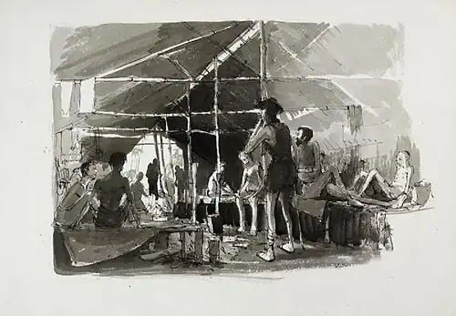 Интерьер палат госпиталя в лагере Чунгкай. Работа Джека Бриджера.