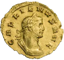 Галлиен (253—268). Ауреус. Рим. Аверс. Бюст Галлиена в панцире, вправо; на голове лавровый венок.