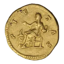 Ауреус, реверс. Пиетас (божество исполнения долга) сидит перед алтарём, легенда  PIETAS