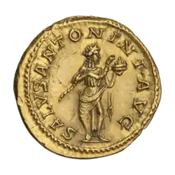 Ауреус. Элагабал (реверс).Салюта кормит из патеры змею, удерживаемую в правой руке.