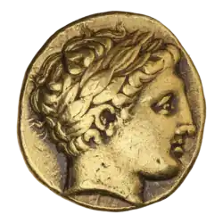 Статер Македонского царства, на аверсе - Аполлон