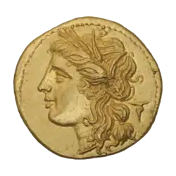 Аверс декадрахмы, чеканившейся чеканилась при Гиероне II