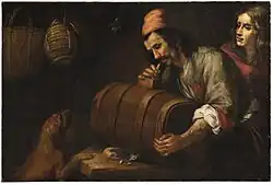 Интерьер с фигурами у винной бочки. Холст, масло. Частное собрание