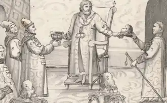 Рисунок из альбома Мейерберга: Царь Алексей подает шапку стоящему пред ним стольнику князю Михайле Долгорукову, а правой принимает заздравный кубок от стольника князя Ивана Алексеевича Воротынского.