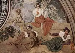 Времена года. Вертумн и Помона. Деталь фрески на вилле Медичи в Поджо-а-Кайано (левая часть люнета). 1520—1521
