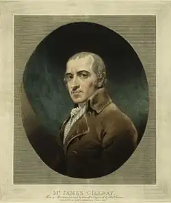 Ч. Тёрнер[англ.]. Портрет Джеймса Гилрея. 1819. Меццо-тинтоПо оригиналу — автопортрету Дж. Гилрея (ок. 1800)Национальная портретная галерея, Лондон