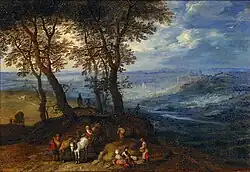 Пейзаж с крестьянами, едущими на ярмарку. 1598. Миниатюра. Медь, масло. Токийский художественный музей Фудзи (англ.), Япония