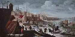 Фламандский городской пейзаж с замёрзшей рекой. Между 1677 и 1692. Холст, масло