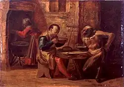 Сатир и крестьянин в таверне. Дерево, масло. Национальный музей Брукенталя, Сибиу, Румыния