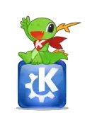 Konqi на логотипе KDE стиля Oxygen.