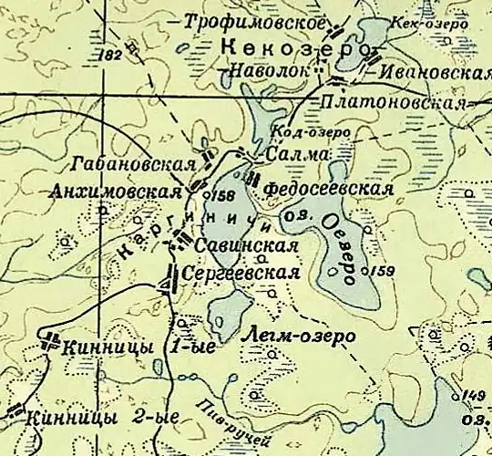 Деревня Сергеевская куста деревень Каргиничи на карте РККА 1940 года