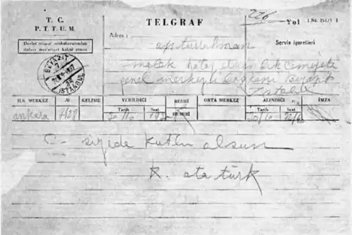 Турция: телеграмма первого турецкого президента Ататюрка (1938)
