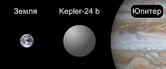 Сравнительные размеры Земли, Kepler-24 b и Юпитера.