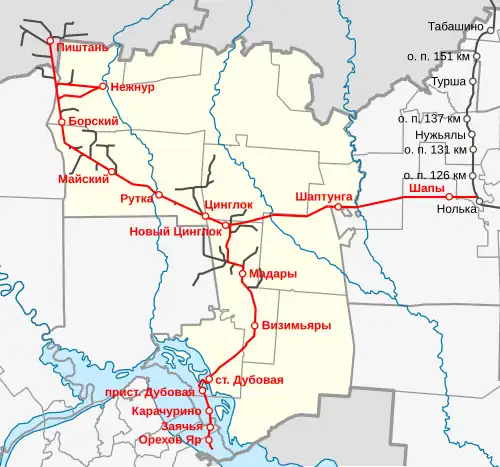 Килемарская железная дорога в период наибольшего развития на карте Килемарского района