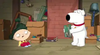 Промокартинка. Брайан пугает Стьюи обложкой альбома Queen.