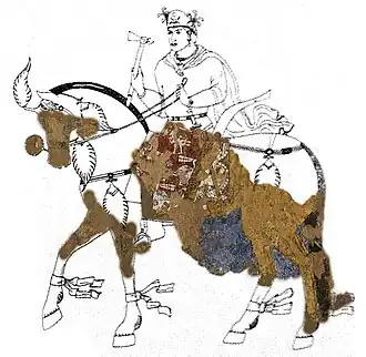 Царь Вархуман на коне, остатки Афрасиаба и реконструкция.