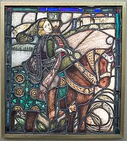 Витраж (вероятнее всего — Король Ласло I Святой со спасённой им девушкой после битвы под Черхаломом).