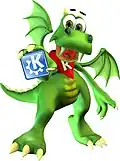 Прошлый дизайн Konqi держит логотип KDE 3.