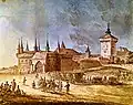 Вид барбакана и Флорианских ворот Кракова с обозом казацкого табора
