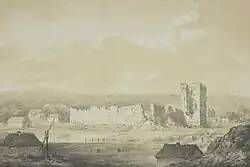 Кревский замок, справа — мощная башня-донжон, известная как Княжеская башня (Н. Орда, XIX век)