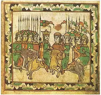 Русское войско встречает литовских союзников — князей Андрея Ольгердовича Полоцкого и Дмитрия Ольгердовича Брянского. Миниатюра из «Сказания о Мамаевом побоище». XVII век