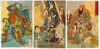 «Известнейший, непревзойдённый Хидари Дзингоро». Картина Утагавы Куниёси. Хидари Дзингоро в центре