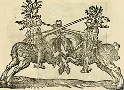 Рыцарский поединок на турнире. Ксилография Йоста Аммана из «Книги по искусству», 1599 г.