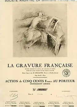 Акция La Gravure Française Société Anonyme на 500 франков, выпущенная в Париже 3 января 1934 года по дизайну Луи Икарта и с его личной подписью в качестве директора компании, основанной им мастерской художников