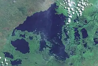 Кисале в окружении озёр меньшего размера и болот. На космическом снимке присутствует облачность (белым).