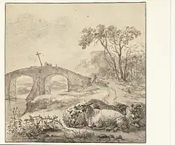 Пейзаж с лежащими овцами и каменным мостом. 1652. Бумага, карандаш, сепия, кисть, перо. Рийксмюсеум, Амстердам