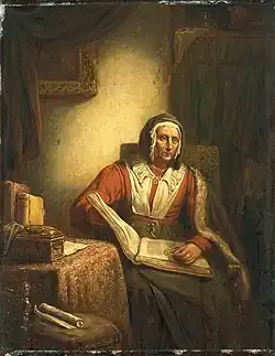 Пожилая женщина с книгой.