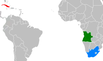 Куба, Ангола и Южная Африка на карте мира.