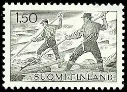 Сплавщики леса на финской марке 1963 года.