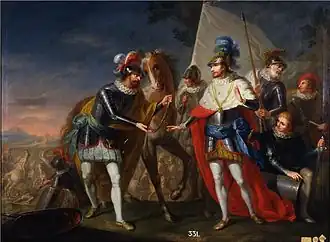 Сеньор де Ита и Буитраго уступает свою лошадь королю Хуану I в Алжубарроте, Луис Планес, 1793 год, холст, масло, 125 x 168 см, Мадрид, Королевская академия изящных искусств Сан-Фернандо