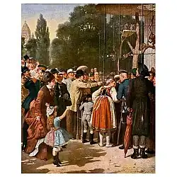 Посетители зоопарка у вольера с обезьянами. Репродукция.