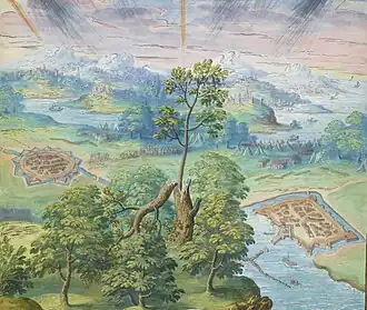 Изображение высадки на Кипр османских войск и осады Никосии. Voyages et aventures de Ch. Magius, miniature no. 13. 1578