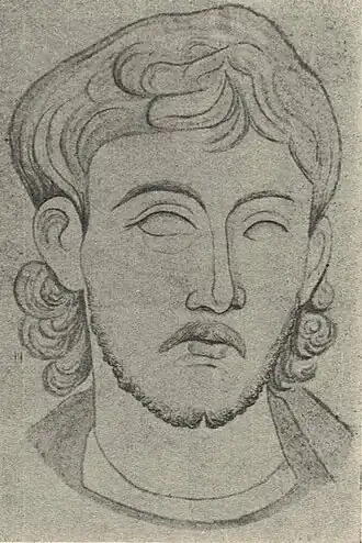 «Портрет Панселина, срисованный г. Благовещенским, спутником Пр. Порфирия Успенского, с фрески, написанной, по преданию, самим Панселином в паперти Протатской церкви и перенесенной отсюда в келью монахом живописцем Дамаскиным. (Из бумаг Пр. Порфирия Успенского)».