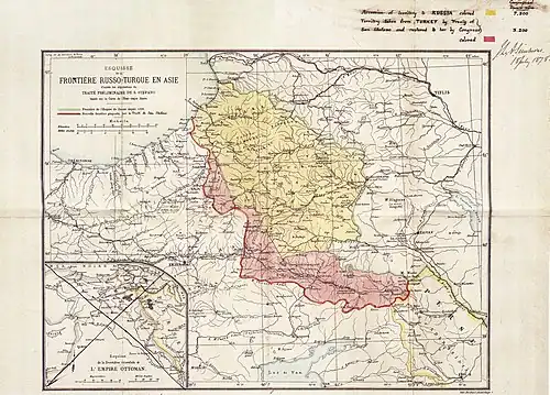 Территориальные изменения на Кавказе по итогам войны. Жёлтым и красным отмечены территории, отошедшие России по итогам Сан-Стефанского договора