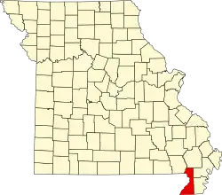 A state map highlighting Dunklin County in the southeastern part of the state.