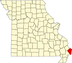 A state map highlighting Mississippi County in the southeastern part of the state.