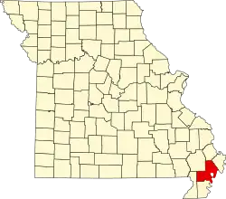 A state map highlighting New Madrid County in the southeastern part of the state.