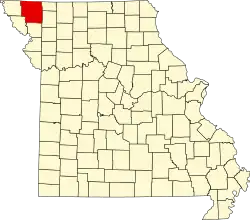 A state map highlighting Nodaway County in the northwestern part of the state.