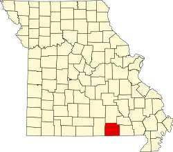 A state map highlighting Oregon County in the southern part of the state.