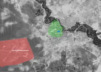 Зелёным выделена старая часть Хамы, которая стала эпицентром восстания. Синим - мечеть «Султан», которая стала штаб-квартирой инсургентов